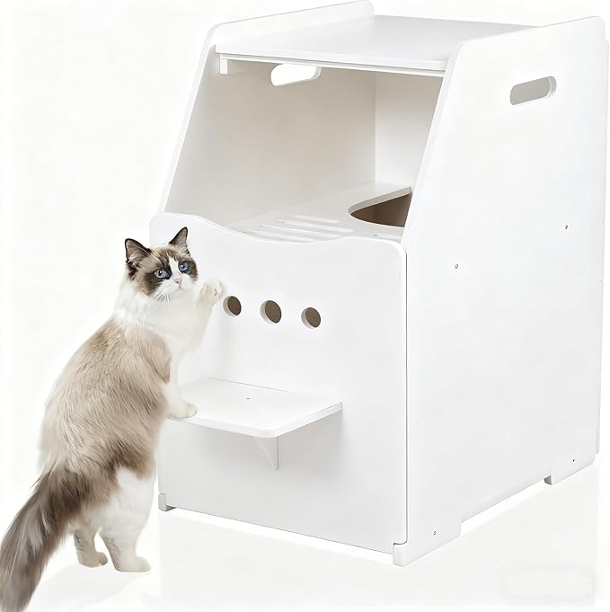 Top Entry Cat Litter Box,Tall Enclosed Enclosure Furniture with Stairs for Cats,Wooden Washroom with Filter for Kitty,Best Hidden,Dog Free, Odor Hiding Cabinet, 21.7 x16.1 x 28.7(White)