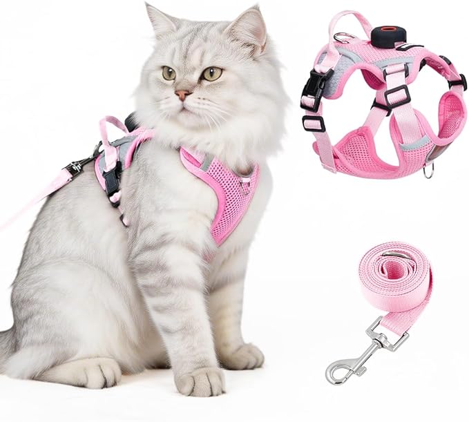 Cat Harness and Leash Set with Holder Compatible with AirTag, Upgraded Escape Proof Kitten Harness Lead for Large Adult Cats, Soft Mesh Jacket Vest for Walking, Reflective & Adjustable, Pink, M