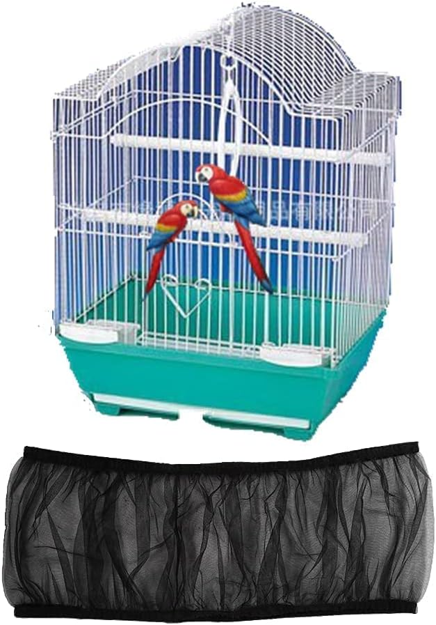 Hakeeta Bird Cage Skirt, Mesh Bird Seed Catcher, Airy Net Cover, Soft Nylon Ventilated Skirt Traps Seed Guard for Parrots with Adjustable Drawstring (Large Size-XL, Black)