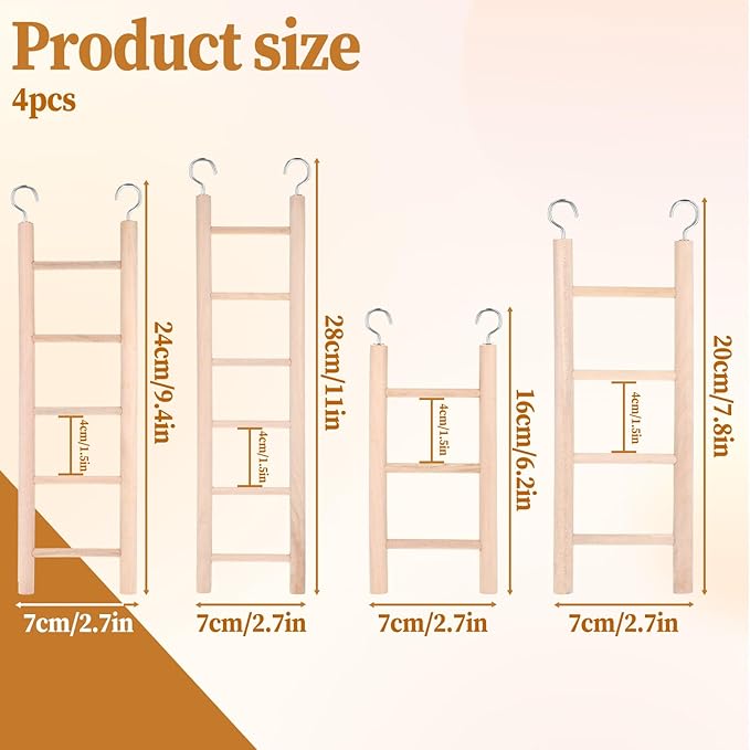 4 Pcs Wooden Bird Ladder Bird Toys for Parakeets Ladder Climbing Parakeet Toys Hanging Birds Ladders for Cage Cockatoo Toy for Parrots, Cockatoo, Lovebirds