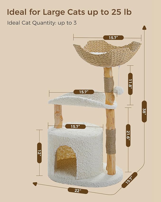 MUTTROS Modern Cat Tree Tower for Large Cats, Wood Cat Tower with Natural Scratching Post, Solid Wood Condo, Real Branch Luxury Cat Furniture with Curved Bed, Top Basket, White