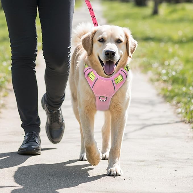 BARKBAY No Pull Dog Harness Large Reflective Dog Harness with Front Clip and Easy Control Handle for Walking Training Running with ID tag Pocket(Baby Pink & Sunlight,L)