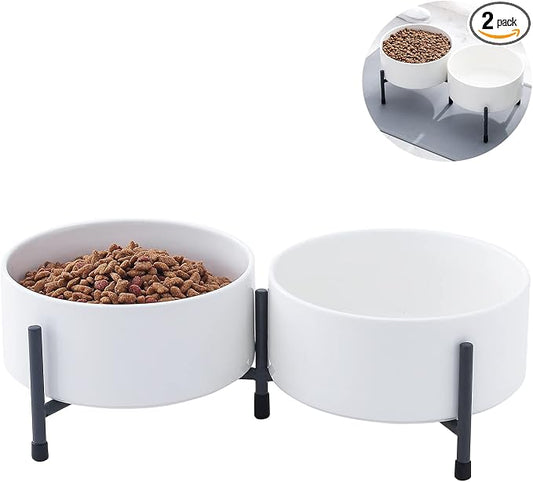32 oz Ceramic Dog Bowls with Metal Stand, 6 Inch Pet Food and Water Dish | Bowl Dishwasher and Microwave Safe, 2 Heights, for Cats & Dogs, Prevent Neck Fatigue, White