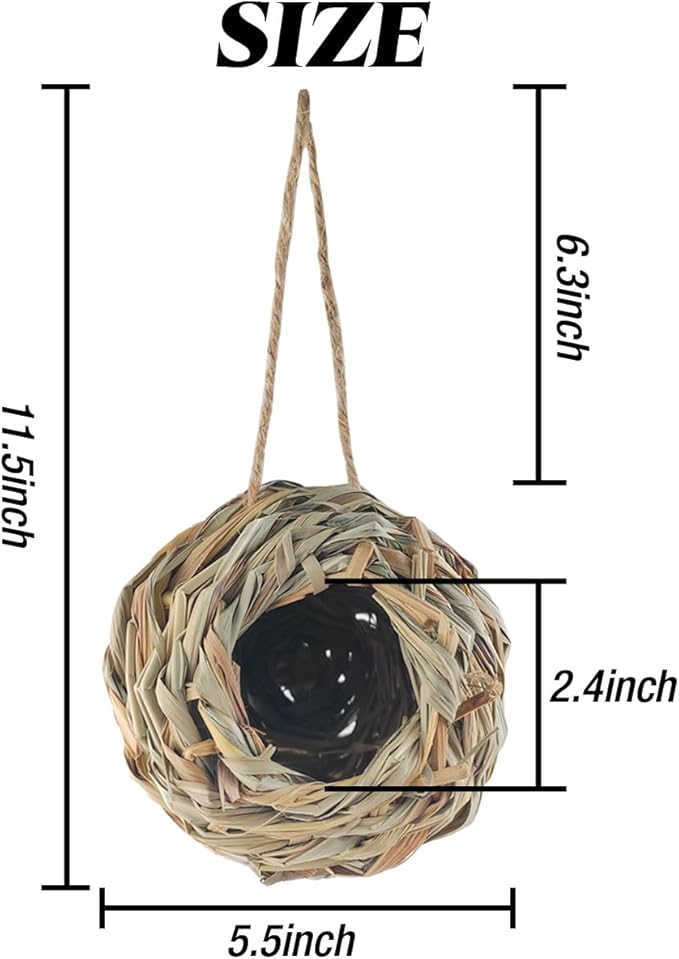 TIHOOD 4PCS 5.5inch Hanging Hummingbird Nest House for Outside, Ball Shape, Hand Woven, Durable Sturdy, Made of Natural Grass, Perfect for Garden Patio Lawn Office Indoor