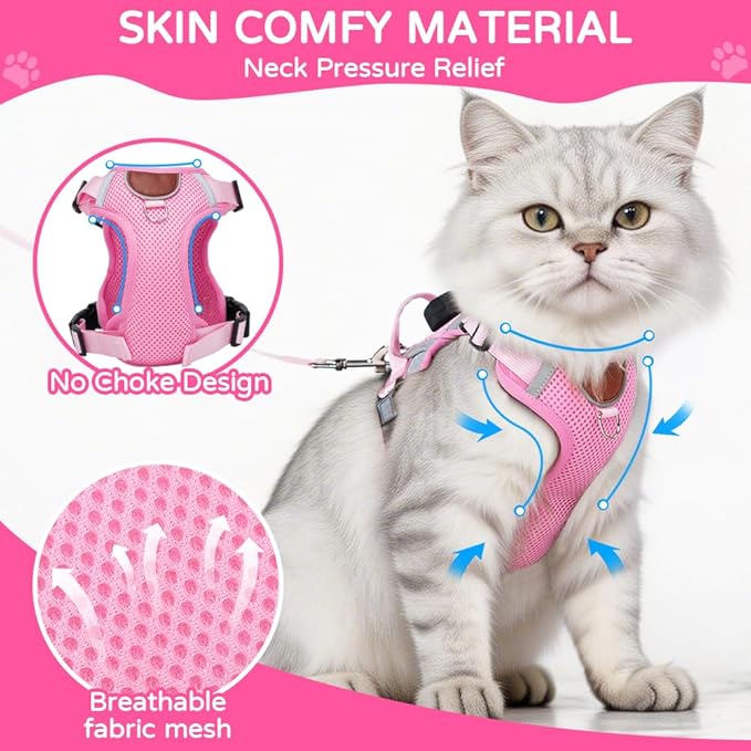 Cat Harness and Leash Set with Holder Compatible with AirTag, Upgraded Escape Proof Adjustable Vest Lead for Large Cat Small Dog Walking, Soft Breathable Mesh Jacket with Reflective Strips, Pink, L