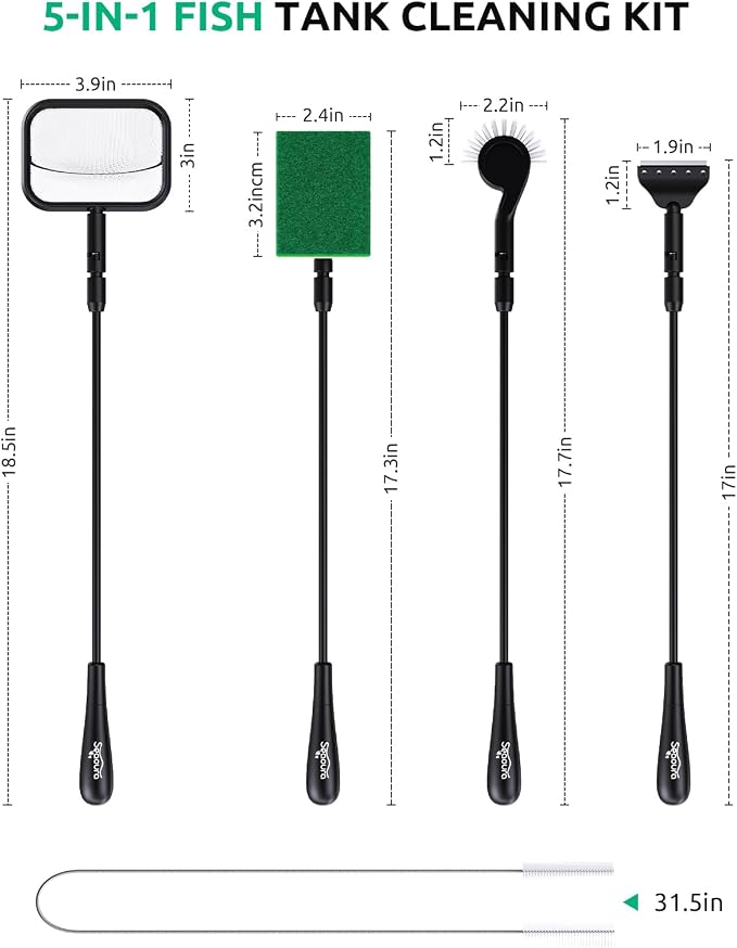 Aquarium Algae Scraper Small Fish Tank Cleaner for Glass Algae Scrubber Set | 5in1 Aquariums Cleaning kit with Seaweed Scraper, Flat Sponge, Fish Net, Clean Brush, Tube Brush for Freshwater turtle Tanks