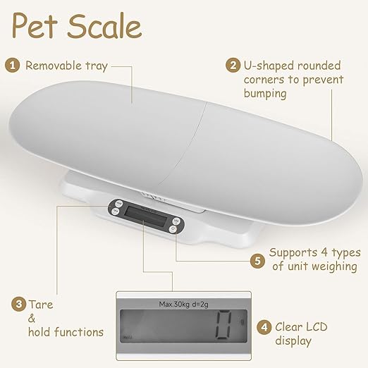 Digital Pet Scales with Detachable Tray – Accurate Baby Weighing Scales for Infants & Toddlers, Clear LCD Display, Tare & Hold Functions, Ideal Puppy Scales for Cats, Dogs, Kittens, Up to 30KG/66LB