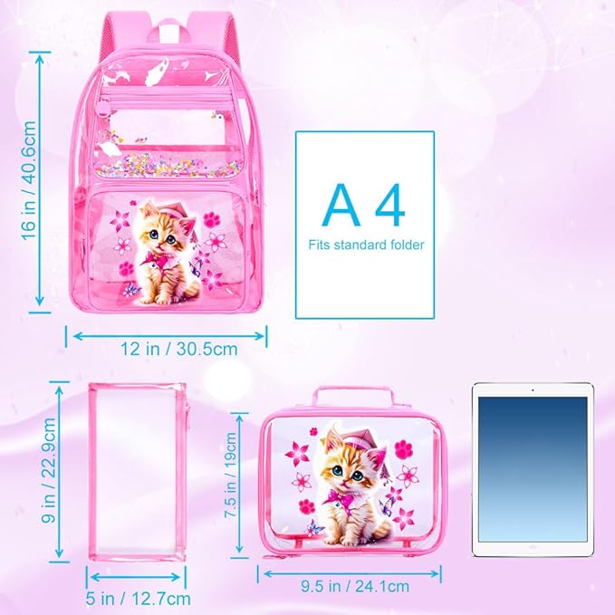 AGSDON 3PCS Clear Backpack for Girls, See Through Backpacks for Kids with Lunch Box, Heavy Duty Transparent Bookbag - Cat