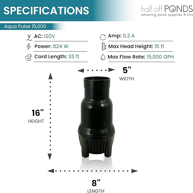 HALF OFF PONDS Submersible Water Pump, 15,000 GPH Pond Pump with 30 FT Power Cord and 15FT Max Head, 624W Ultra Quiet Energy Efficient Pump for Koi Pond, Fountain, Waterfall, Water Garden, Skimmer