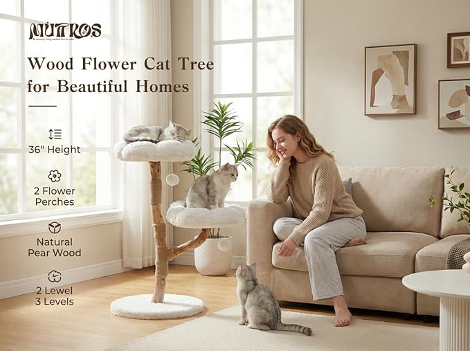 MUTTROS Wood Flower Cat Tree, Modern Cat Tower with Real Wood Branches, Luxury Boho Furniture with Scratching Post and 2 Perches, Cat Climbing Tower for Indoor Cats, Cloud White
