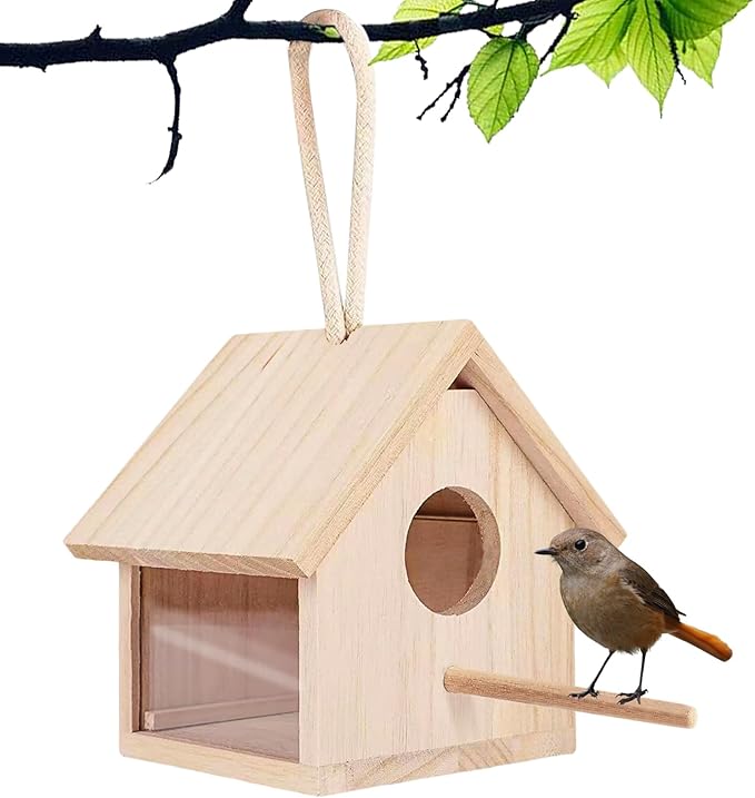 Tfwadmx Wooden Bird House Transparent Outdoor Bird House Hanging Nests Box Garden Patio DIY Decorative for Wren Swallow Sparrow Hummingbird Finch Throstle