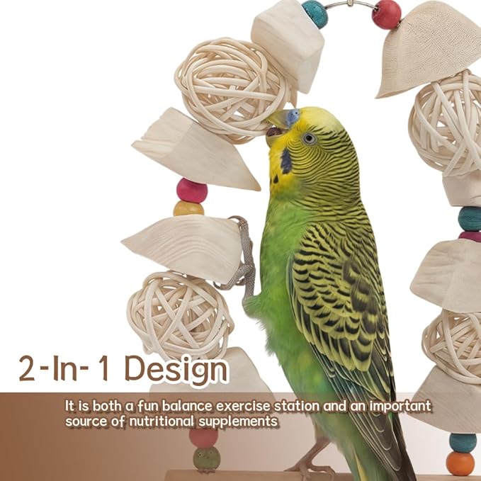 Natural Cuttlebone Bird Swing Toy with Wooden Perch & Wicker Balls – 2-in-1 Calcium Supplement & Chewing Station for Cockatiels, Budgies, Conures, Lovebirds – Safe Wood Beak Grinder Cage Accessory