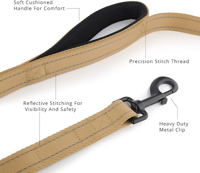 Plutus Pet Double Handle Dog Leash 5ft, Heavy Duty, Reflective Dual Handle Dog Leash for Safety Training, for Medium Large Dogs,2 Handle Leads(Brown)