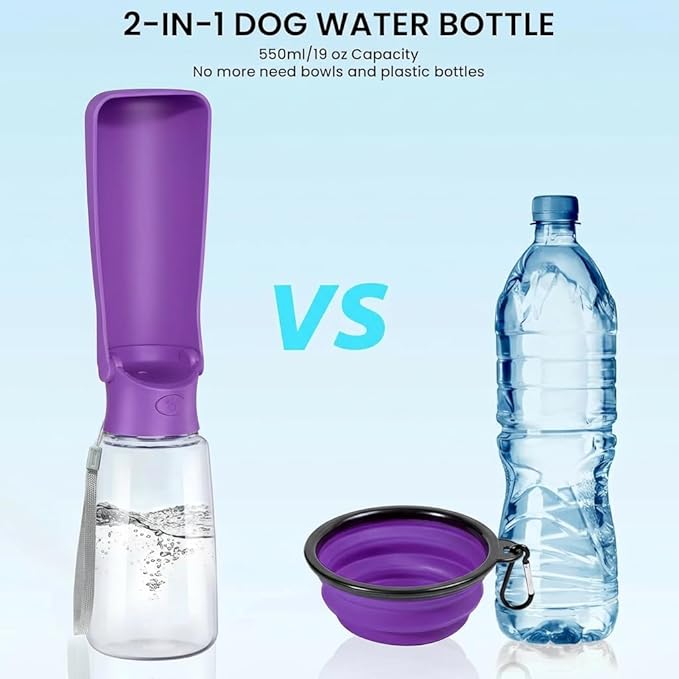 Portable Dog Water Bottle for Walking – 19oz / 12oz Foldable Pet Water Dispenser for Puppies, Medium & Large Dogs – Leak Proof Travel Water Bowl for Small Animals Dog Accessories(19OZ Purple)