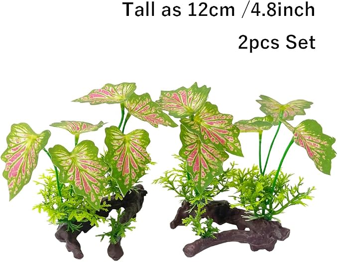 Aquarium Plant Fish Tank Decoration Small Plastic Artificial Plant Goldfish Fish Hide (Rainforest Leafs-Pink-Small-Set)