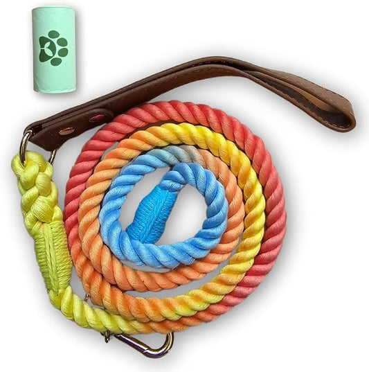 Pawtopia 5FT Dog Leash, Cotton Braided Rope with Vegan Leather Handle (Brown) with One Complimentary Roll of Dog Poop Bags (15 Bags), Durable Clasp (Vivid Rainbow), Give Back