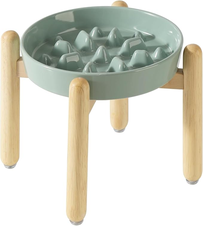 Havniva Ceramic 1.6 Cup Dog Raised Slow Feeder Set, Elevated Bowl with Wooden Stand for Medium and Large Dog, 8.2inch Slow Feeder Dish for Fast Easters, Anti-Gulping(Light Green, Single Bowl+ Stand)