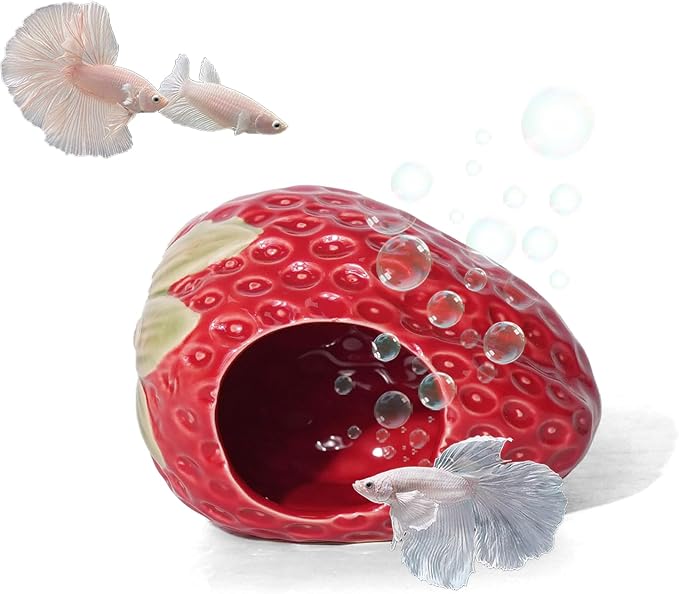 Ceramic Aquarium Decor Cute Red Strawberry Betta Fish Tank Cave | Smooth-Surface Safe for Fish Hiding & Breeding, Easy-Clean, No Assembly, for Play & Rest,Fits 2.5-5 Gallon Fish Tanks