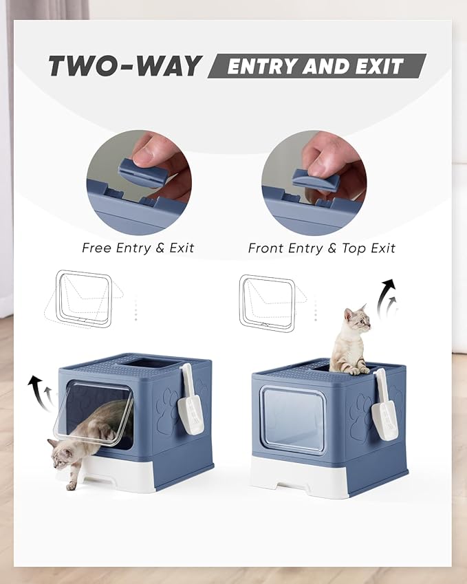 Covered Litter Box, Large Litter Box for Big Cats, Enclosed Cat Litter Boxes with Lid, Top Entry Kitty Litter Box with Scoop, Odor Control, Easy to Clean (Blue)
