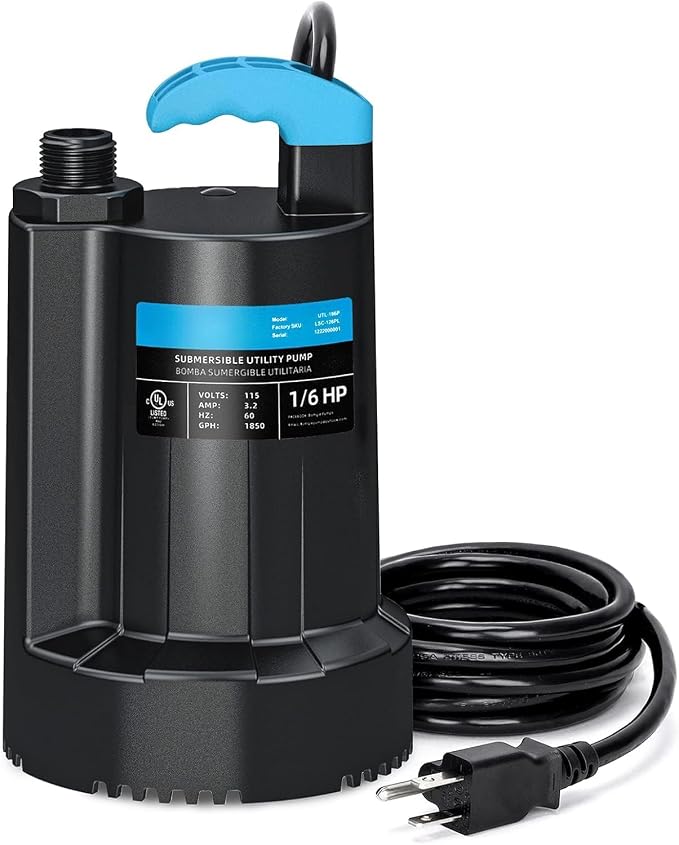 LEO 1/6 HP Submersible Water Pump, 1850GPH Sump Pump, 10ft Cord | Water Pump with 3/4” Garden Hose Check Valve Adapter, Removal for Pool Draining Basement Hot Tubs Garden Pool Cover Pond