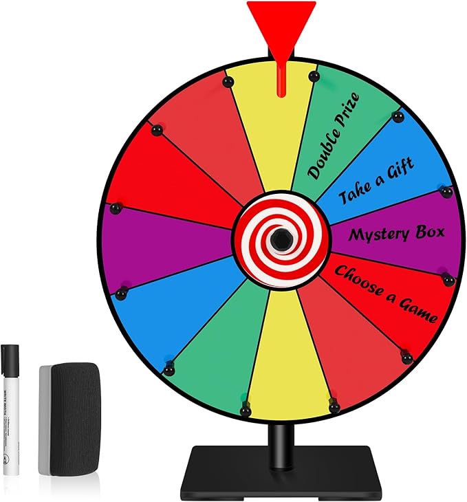 Klvied 12 Inch Prize Wheel, 12 Slot Tabletop Color Spinning Wheel, Carnival Spin Wheel with Dry Erase Markers and Eraser for Trade Show, Fortune Spin Game