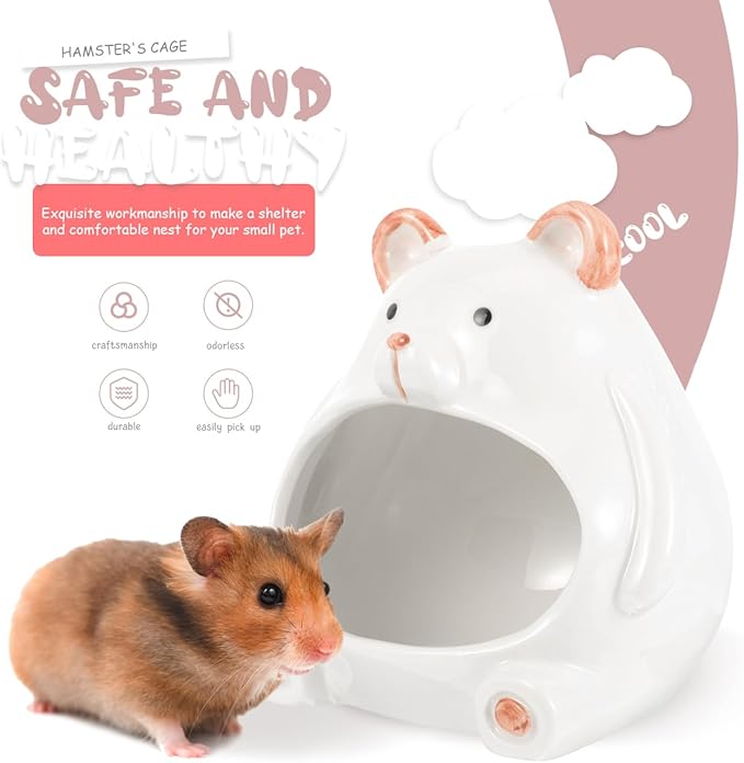 Balacoo Ceramic Hamster Hideout, Dwarf Cool Bed, Hamster House and Habitat for Chinchillas Hedgehogs, Gerbils Mouse and Guinea Pigs, Small Pet All Season House (Bear)