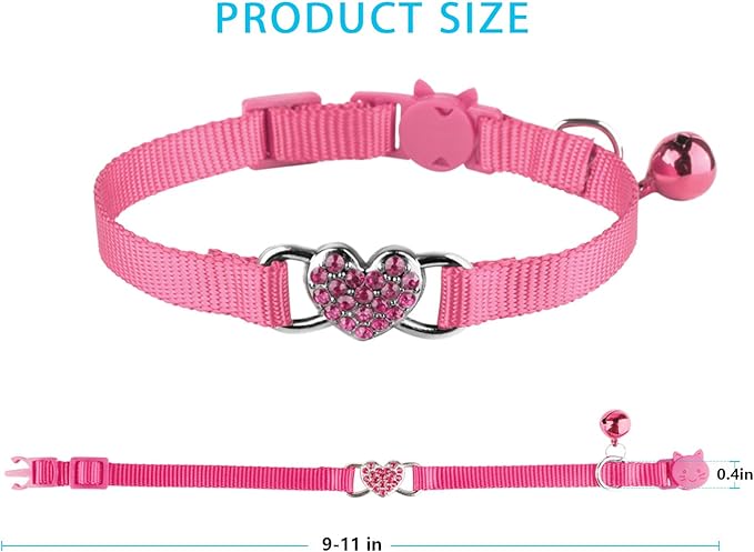 Mtliepte 2 Pcs Cat Collars Heart Bling Breakaway with Bell Nylon Adjustable for Kitty (Pink+red)