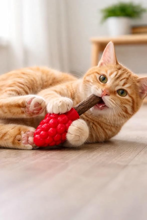 Cat Dental Teether Toy with Silvervine Chew Stick - Rubber Berry Holder with Catnip Oil Infused Matatabi Stick for Teeth Cleaning - Kitten Teething Toy for Indoor Cats (1 Teether + 1 Stick)