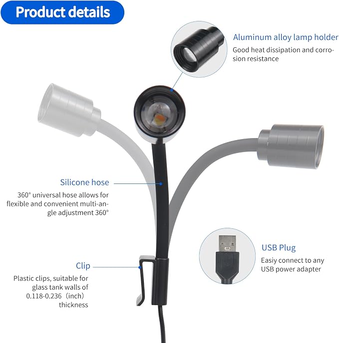 Mini Clip On Aquarium Light Small Dimmable Fish Tank Light USB Spotlight with 3 Light Modes 10-Level Brightness for 1 to 3 Gallon Tanks (Adapter NOT Included)