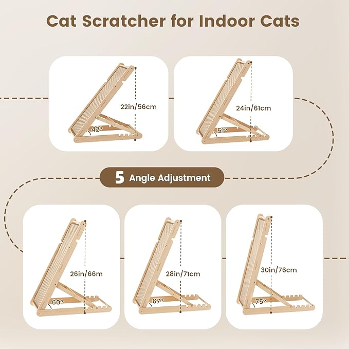 XiaZ Sisal Cat Scratcher, 31" Wooden Cat Scratching Board with 5 Adjustable Heights, Replaceable Sisal Mat and Angled Scratch Pad for Indoor Cats, Ready to Use, No Assembly Required