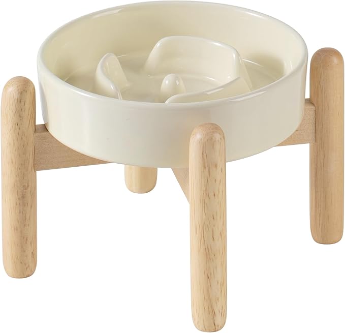 Havniva Ceramic 0.9 Cup Raised Dog Slow Feeder Set, Elevated Bowl with Wooden Stand for Small Dog and Cat, 6.1inch Puzzle Slow Dog Food Dish, Anti-Gulping(Light Yellow, Single Bowl+ Stand)
