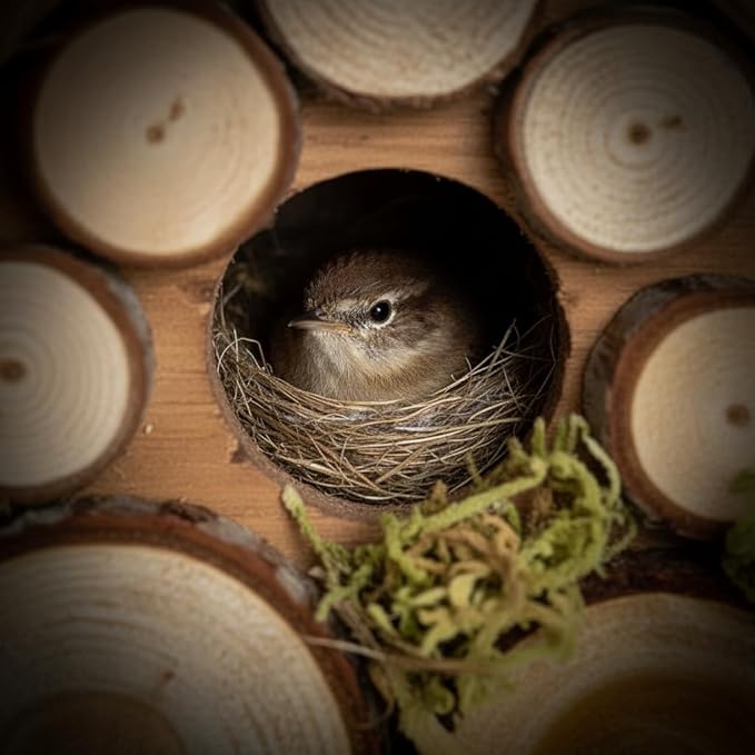 Bird House for Outside - Wren Bird House Nest Box for Outdoor - Moss Bird House with Cedar Rings- Gifts for Nature Lovers - Pole Mountable Rustic Style - 1-1/8" Entrance Hole Size