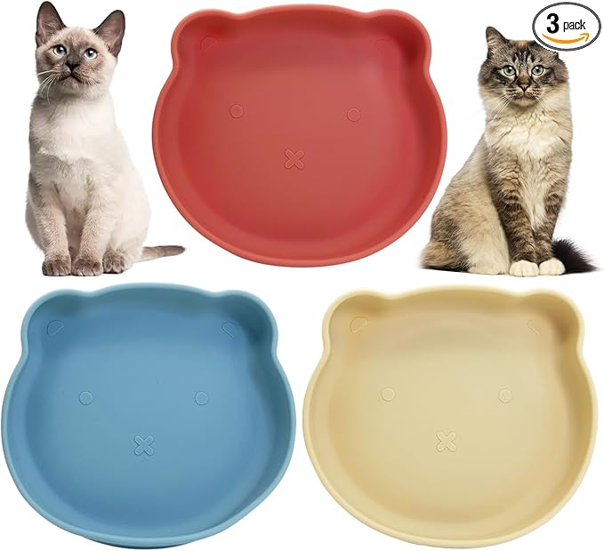 Silicone Cat Food Bowl Suction Cup Cat Dish 7" Shallow Kitty Plates Set of 3 Non-Slip Pet Dishes Relief Whisker Fatigue Puppy Feeding Bowl for Dry & Wet Food (Beige + Red + Blue)
