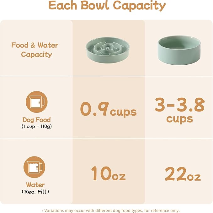 Havniva Ceramic 0.9 Cup Raised Slow Feeder Dog Bowl Set, Elevated 6.1inch Water Bowl and 6.1inch Slow Dish with Wooden Stand for Small Dogs(2 x Light Green+ Stand)