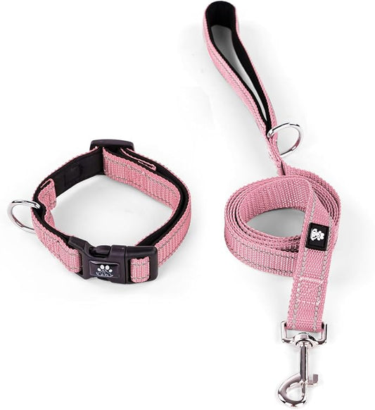 IVY&LANE Reflective Dog Collar and Leash Set,Adjustable Neoprene Padded Dog Collars for Puppy, Breathable Nylon Pet Collar for Small Medium Large Dogs (Medium,Pink)