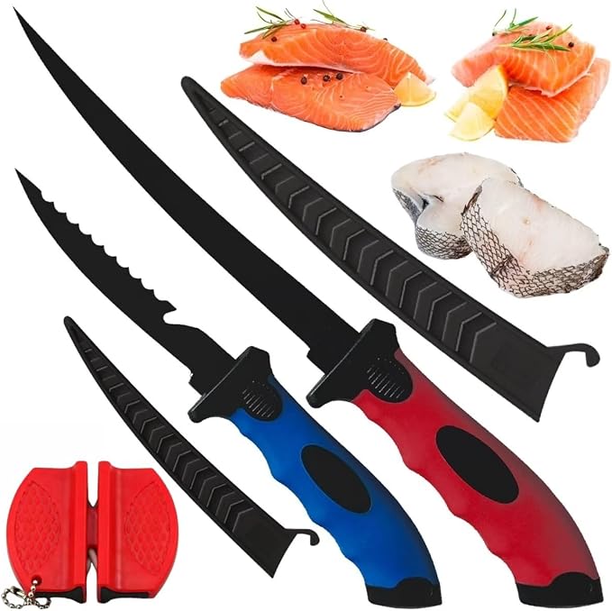 Fishing Knife Set, Fish Cleaning Kit, Filet Knife for Fish, Fish Scale Cleaning Brush, Multi-Functional Scissors, Gloves, Fishbone Tweezers, Storage Bag,Fishing Accessories,Fishing Tool Kit