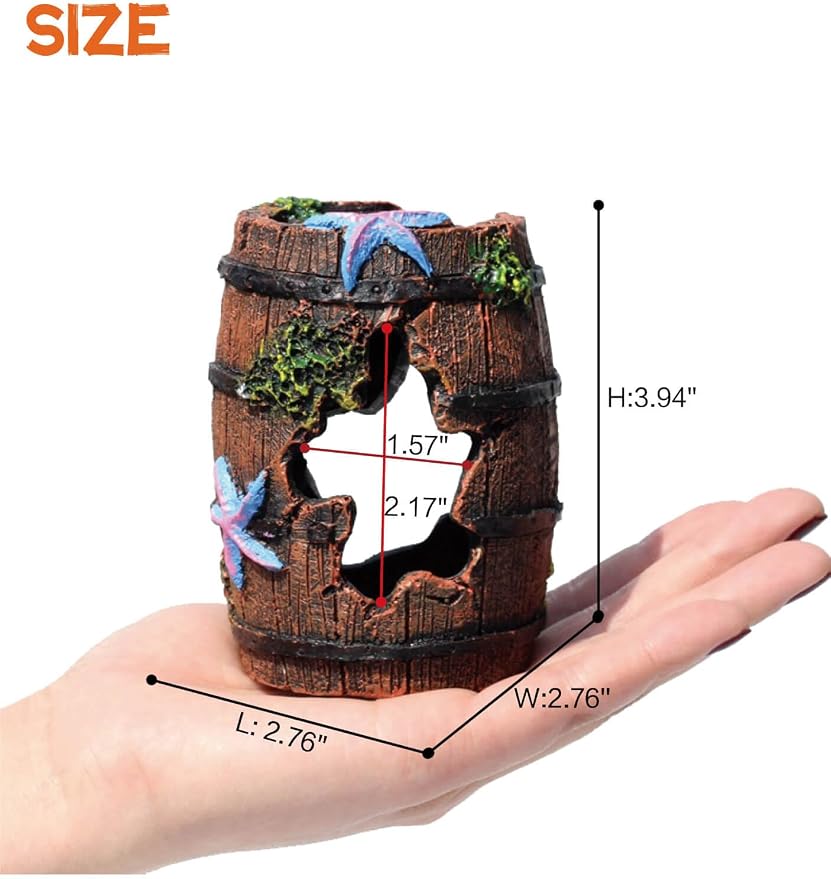 Aquarium Decor - Small Broken Barrel with Star Fish Tank Cave Hideout with Holes, Mini Decorations for Betta Fish, Shrimp, Nano Tank Decor, Aquarium Accessories Supplies, Safe Aquatic Ornament