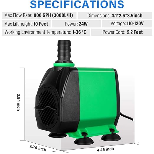 Simple Deluxe 800 GPH Water Table Pump (3000L/H, 24W), Ultra Quiet Fountain Pump with 10 ft, 3 Nozzles for Fish Tank, Pond, Aquarium, Hydroponics, Green