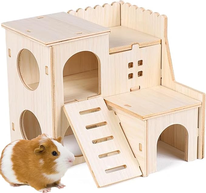 Large Hamster Maze Wood House Fun Slide House Guinea Pig Hamsters Hide Out Climbing Ladder Wooden Funny Play Toy Chew Two Layers Hut for Small Animal Rat Mouse Hideout Dwarf Gerbil Syrian Pet