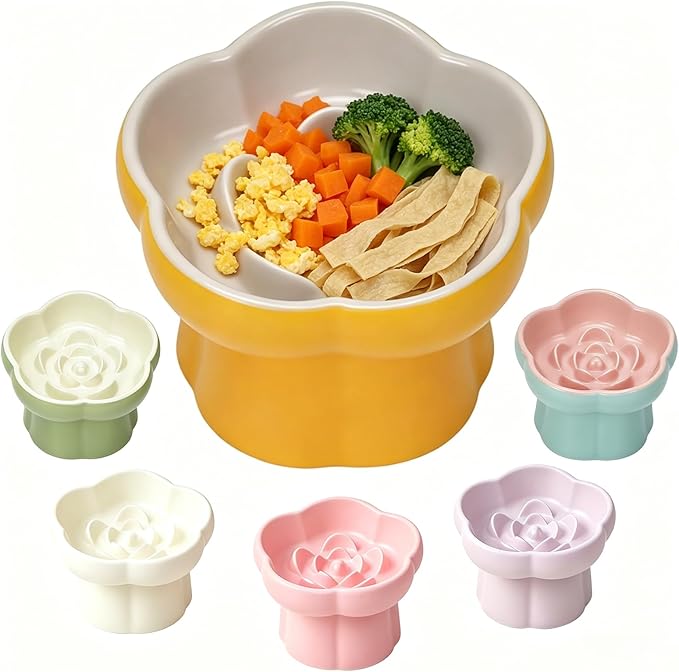 Cat Slow Feeder Flower-Shaped Ceramic Slow Feeder Cat Bowl, Tilted Raised Cat Slow Feeder Bowl for Whisker Relief, Prevents Vomiting & Bloating, Non-Slip Base