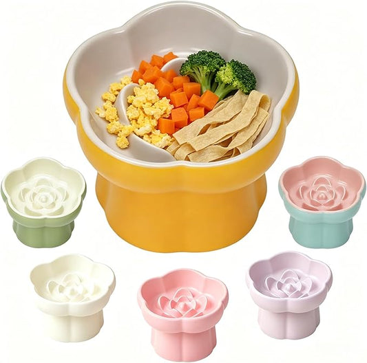 Cat Slow Feeder Flower-Shaped Ceramic Slow Feeder Cat Bowl, Tilted Raised Cat Slow Feeder Bowl for Whisker Relief, Prevents Vomiting & Bloating, Non-Slip Base