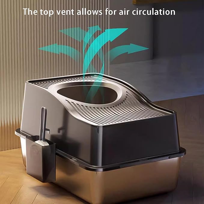 SOUJOY Stainless Steel Cat Litter Box with Lid, Extra Large Top Entry Litter Boxes for Big Cats, Enclosed Removable Metal Litter Box with Scoop and High Wall, Anti-Leakage, Easy Cleaning