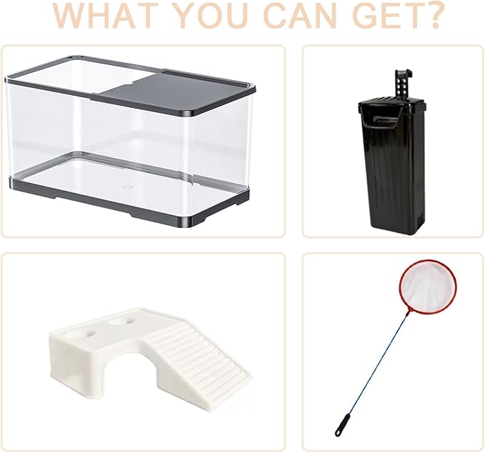 Turtle Tank Starter Kit, Upgraded Aquarium Fish Tank Kit with Filter,Fish Net, Reptile Habitat with Adjustable UV Lamp & Lid,Bask Platform for Crabs,Amphibians,Reptiles.(12"x7.7"x7.2")