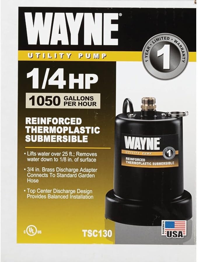 WAYNE TSC130-1/4 HP Reinforced Thermoplastic Submersible Multi-Use Pump - Up to 1,250 Gallons Per Hour - Heavy Duty Multi-Use Pump
