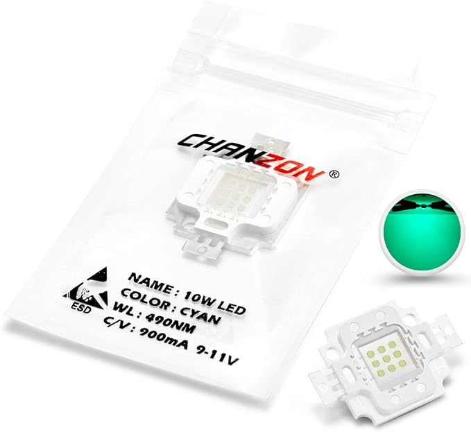 CHANZON High Power Led Chip 10W Cyan 490nm | (900mA / DC 9V - 11V / 10 Watt) Super Bright Intensity SMD COB Light Emitter Components Diode Bulb Lamp Beads DIY Lighting