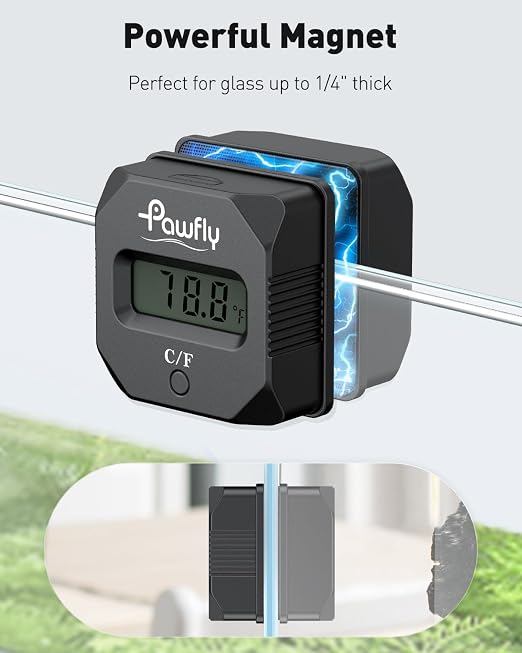Pawfly Aquarium Magnet Glass Cleaner with Thermometer Digital, 2 in 1 Thermometer Magnets Brush, 2" Mini Algae Scraper for Aquariums, Strong Magnetic Brush for Glass Fish Tanks (Up to 20 Gallons)