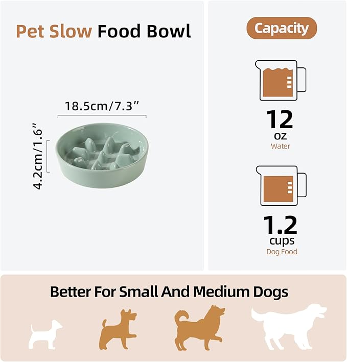 Havniva Ceramic 1.2 Cup Dog Bowl Slow Feeder, 7.3 inch Slow Pet Food Dish for Medium and Small Dog, Stop Bloat, Preventing Choking(Single Bowl, Light Green)