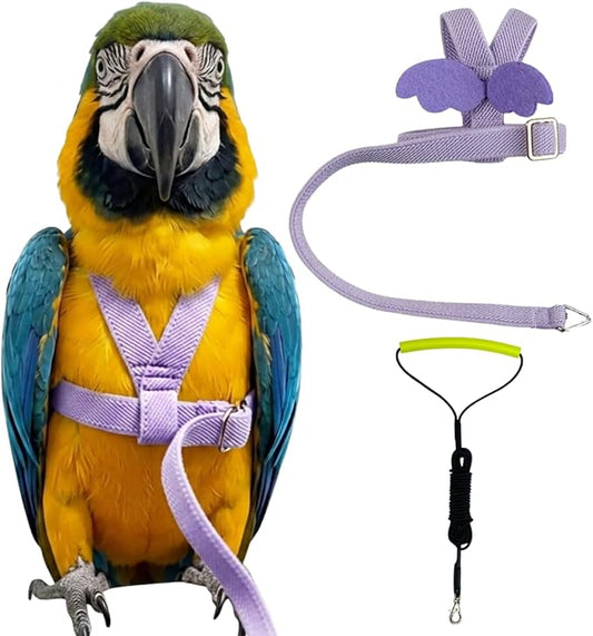 Adjustable Bird Harness with Elastic Leash, Pet Parrot Harness and Leash, Adjustable Training Design Anti-Bite, Bird Nylon Rope with Cute Wing for Conure (Purple,Macaw)