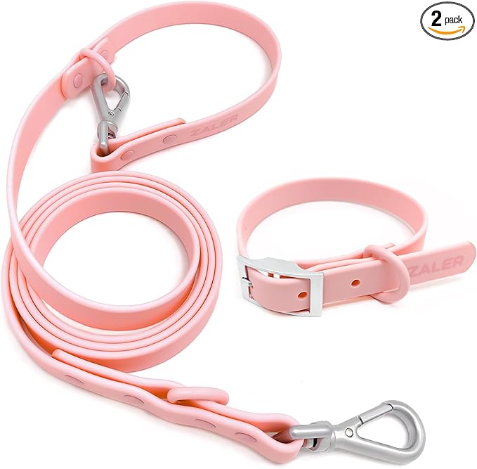 ZALER Dog Collar and Leash Set, Waterproof Adjustable Odor Proof Pet Collars Leashes Easy to Clean, 6FT Dog Leash with 2 Hooks for Large, Medium Small Dogs (S, Pink)