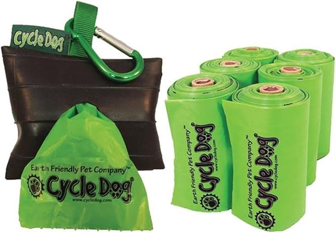 Cycle Dog Pick-Up Bag Holder and Sustainable Plant Powered Dog Poop Bags Park Pouch Combo (72 Total, 6-Rolls, 12 Per Roll) - Made with Corn & Plant Starches/No Plastic/Easy to Use/Made in USA
